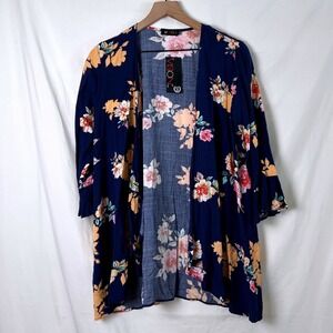 NWT VISION Womens Floral Kimono Size S Navy Blue Beach Summer Vacation Feminine